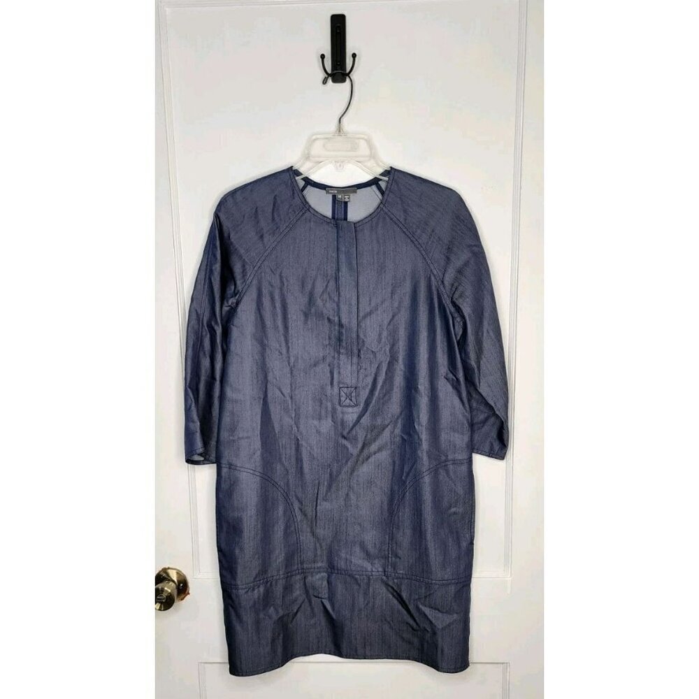 Vince Blue Chambray Denim 3/4 Sleeve Quarter Zip Mini Dress Size XS Pockets